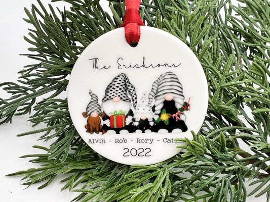Family of Gnomes Ornament with Pet, Personalized Family Christmas Ornament 2022, Family ornament with Dog or Cat