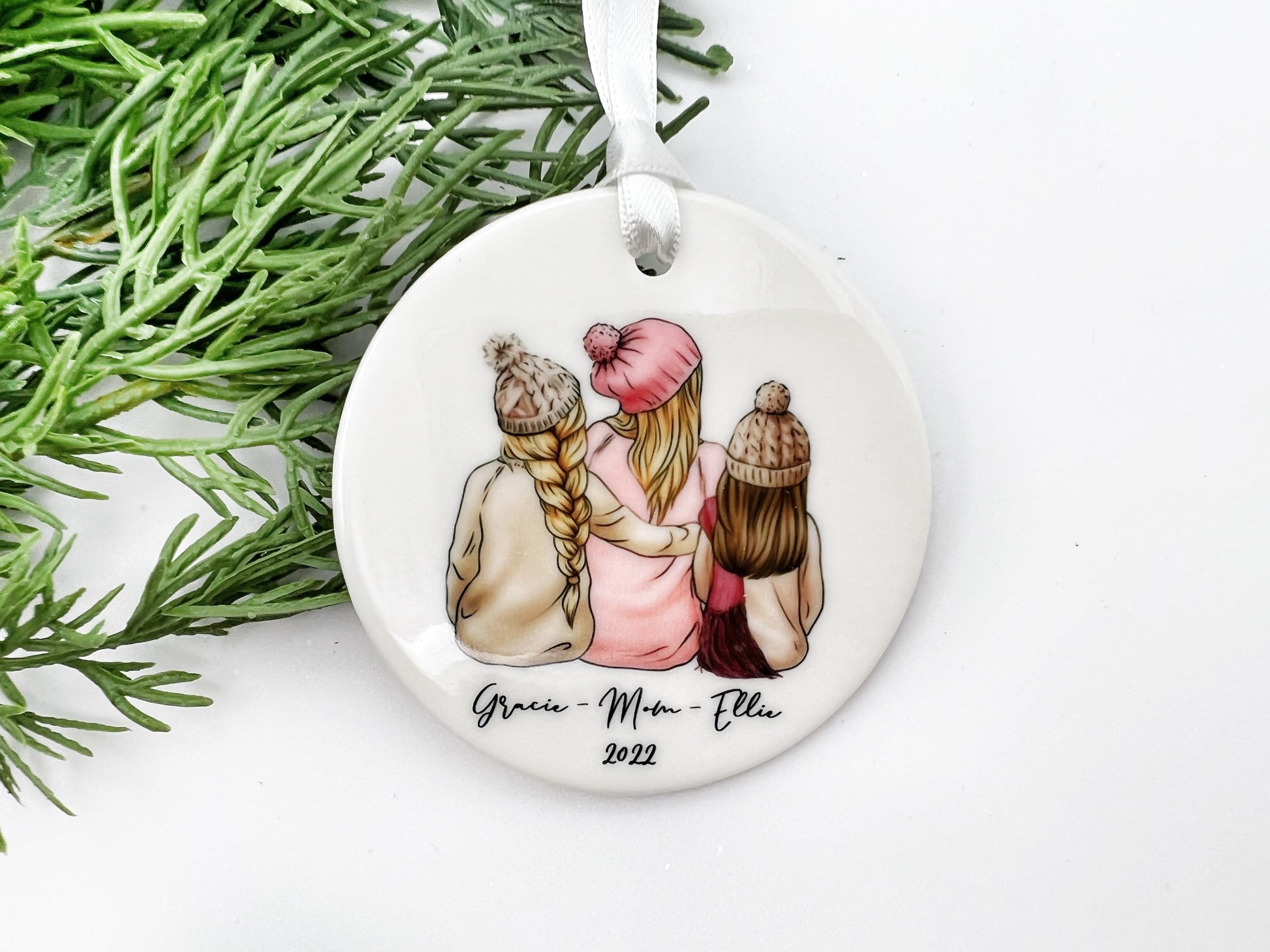 Single Mom Ornament, Personalized Family of 3 Ornament, Single Parent Gift, Mother Daughter Portrait Ornament