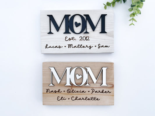 Mom Sign with Names, Personalized Mother's Day Gift from Kids, Small Desk Decor